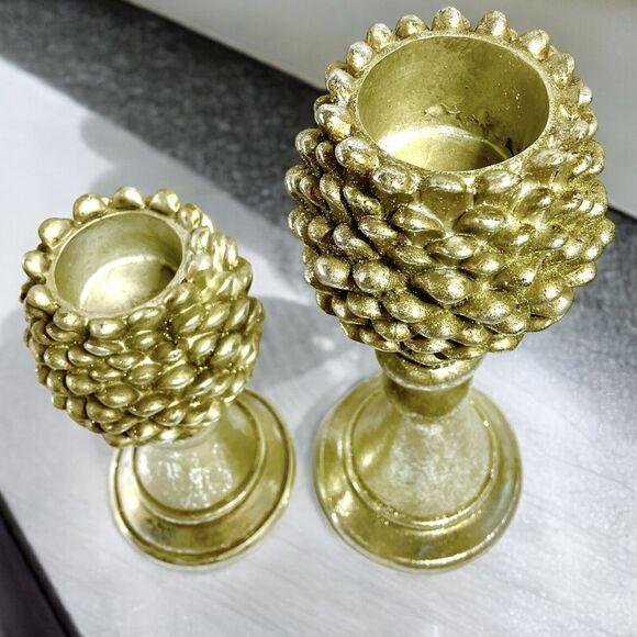 Gold Tone Pine Cone Tea Lite Holders Heavy Resin Set Of 2 Votives - Picture 2 of 7